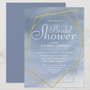 Convite Elegante Aquarela Dusty Azul Geométrico Dourado