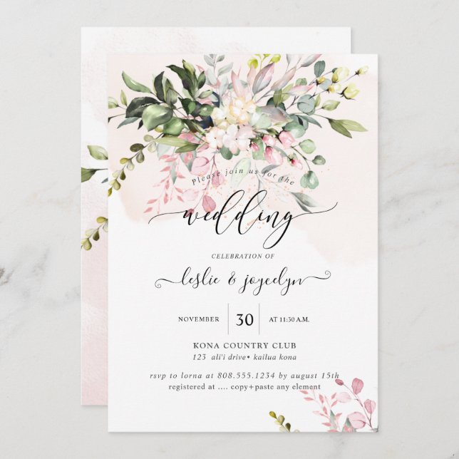 Convite Elegante Aquarela Dusty - Eucalipto Rosa-Cinza (Frente/Verso)