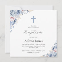 Elegante Aquarela em Azul Desbotado Floral Batismo