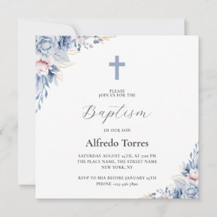 Convite Elegante Aquarela em Azul Desbotado Floral Batismo