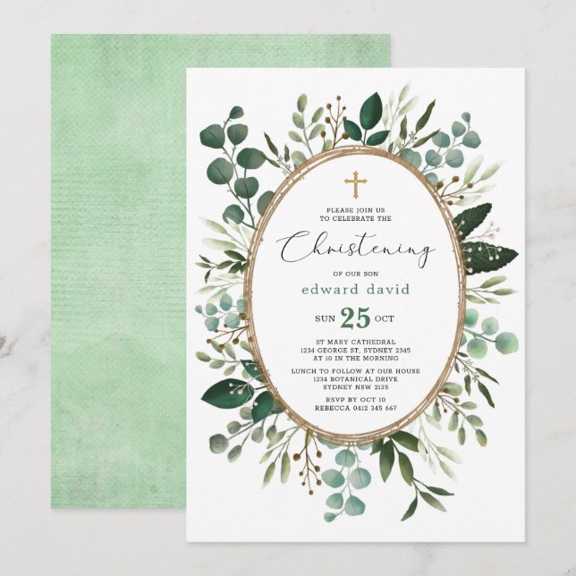 Convite Elegante Aquarela Eucalyptus Greenering Christenin (Frente/Verso)