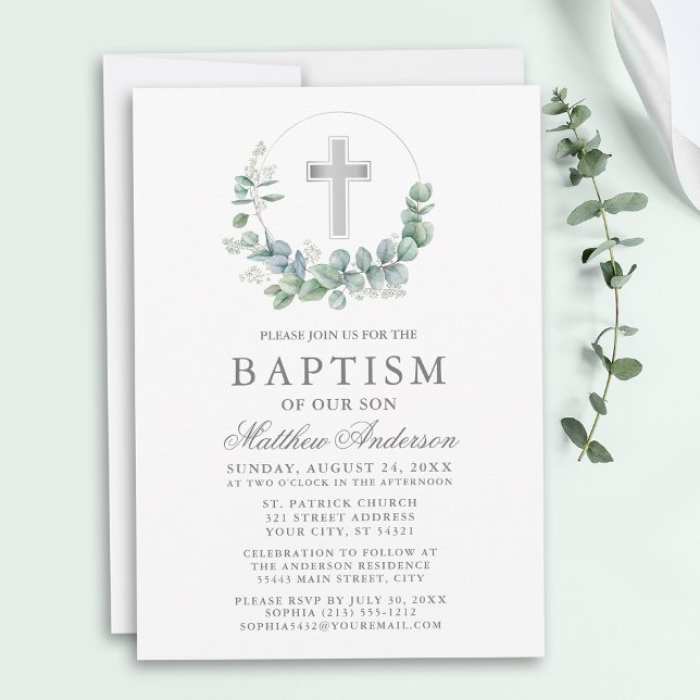 Convite Elegante Aquarela Eucalyptus Silver Baptism (Customize to change text size, style, color or to add more text or photos to back of card.)