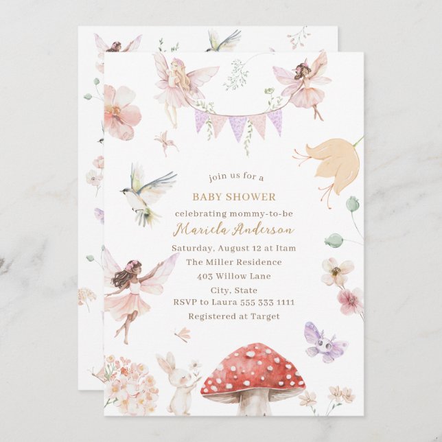 Convite Elegante Aquarela Fada-Flor-Selvagem Bebê (Frente/Verso)