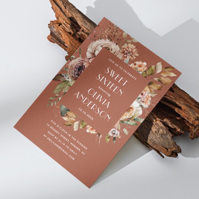 Convite Elegante aquarela floral terracotta Sweet 16 (Criador carregado)