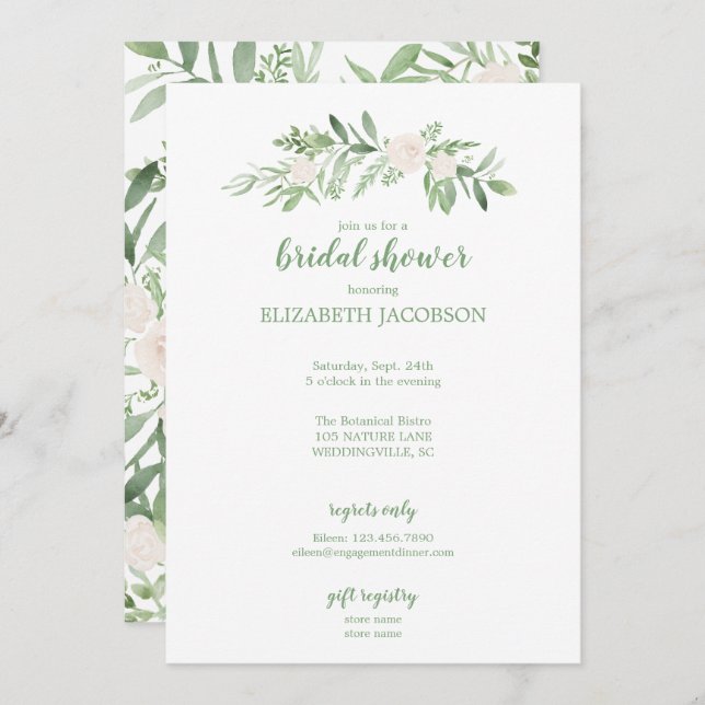 Convite Elegante Aquarela Ivory Rosa Floral Chá de panela (Frente/Verso)