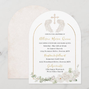 Convite Elegante Aquarela Moderna Beige Angel Baptism Invi