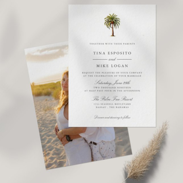 Convite Elegante Aquarela Palmeira tropical Foto Exótica (Tropical Exotic Watercolor Palm tree wedding invitation with space for your best photo on the back)