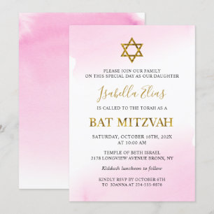 Convite Elegante Aquarela Pastel Rosa Dourado Bat Mitzvah