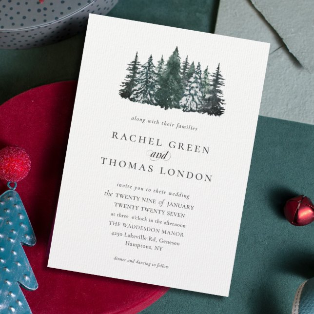 Convite Elegante Aquarela Pinheiros Casamento no inverno (Elegant Watercolor Pine trees Winter Wedding Invitation)