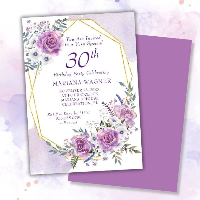 Convite Elegante Aquarela Purple Floral aniversário de 30  (Criador carregado)