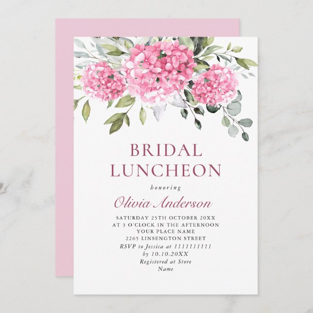 Convite Elegante Aquarela Rosa Hydrangea BRIDAL LUNCHEON (Frente/Verso)