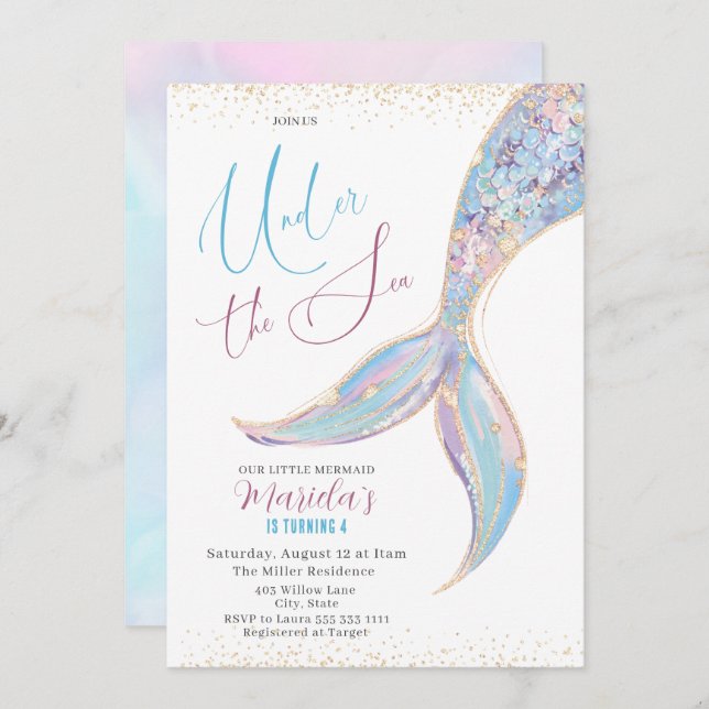 Convite Elegante Aquarela Sereia Pé-De-Sereia Com 4. º Ani (Frente/Verso)