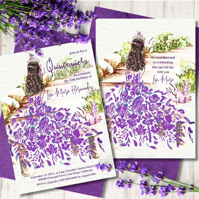 Convite Elegante Aquarela Sonora Vestido Roxo Quinceañera (Criador carregado)