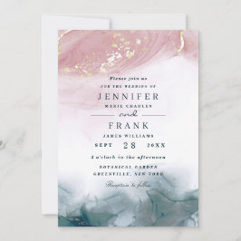 Convite Elegante Aquarela Tinta Álcool Rosa Azul Casamento