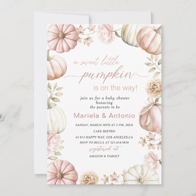 Convite Elegante Aquarela um doce abóbora Bebê Sh (Frente)