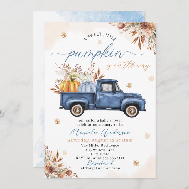 Convite Elegante Aquarela um doce pequeno abóbora Bebê Sho (Frente/Verso)