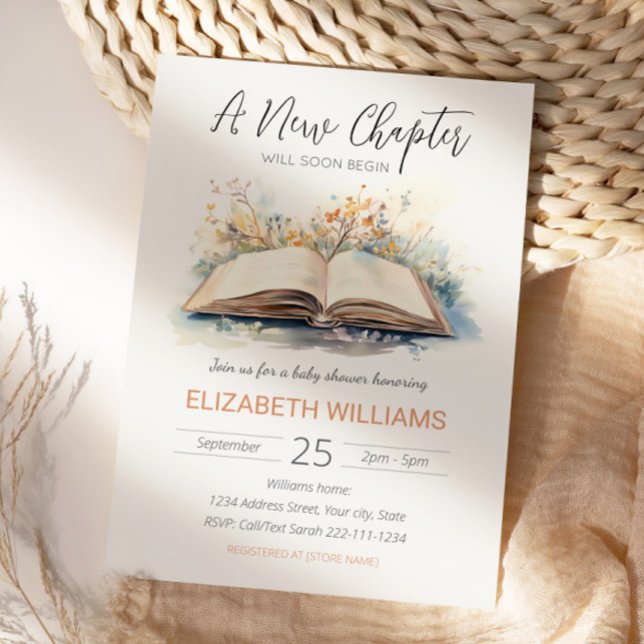 Convite Elegante Aquarela Um Novo Chá de fraldas De Capítu (A new chapter baby shower invitation)