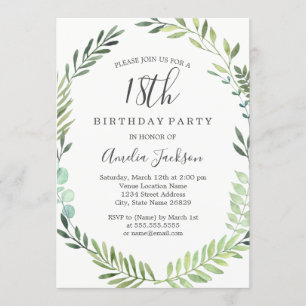 Convite Elegante Aquarela Verde Aniversário de 18 Anos