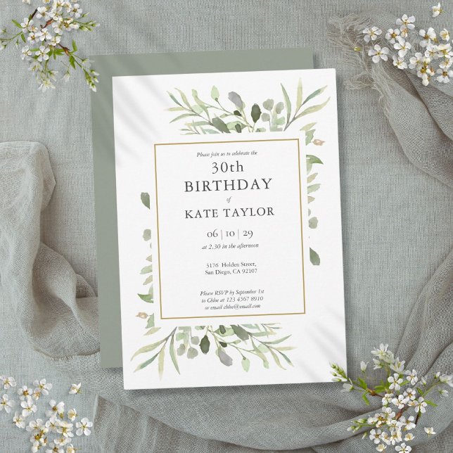 Convite Elegante Aquarela Verde Dourado Aniversário de 30  (Elegant Gold Watercolour Greenery 30th Birthday Invitation)