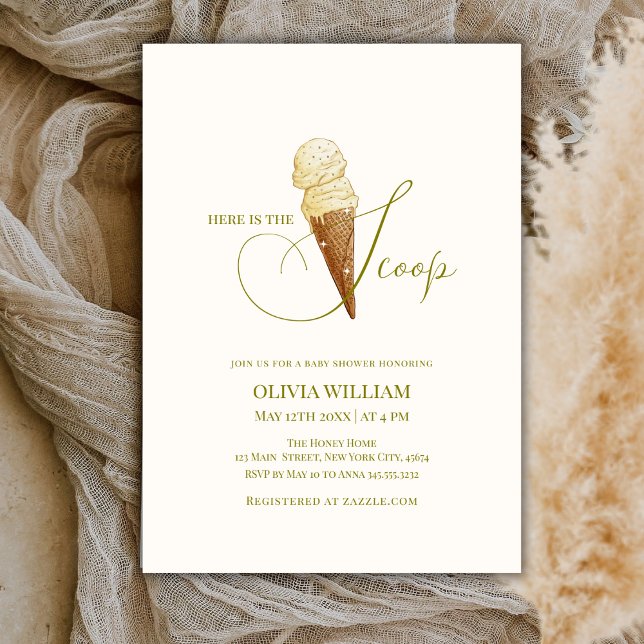 Convite Elegante Aqui está o Chá de fraldas do Sorvete Sco (Elegant Here's The Scoop Ice Cream Baby Shower Invitation)