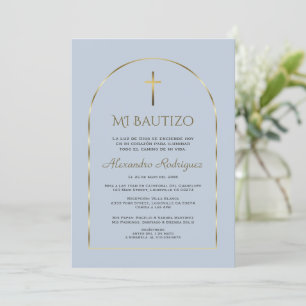 Convite Elegante Arch Dourado Dusty Blue Boy Bautizo