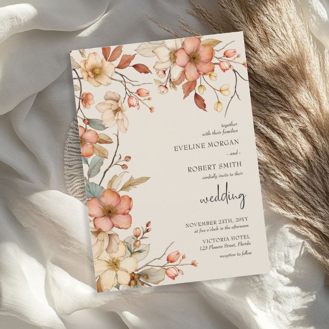 Convite Elegante Arch Terracotta Rust Queda Flores selvage (Elegant Boho Arch Terracotta rust Fall Wildflowers Invitation)