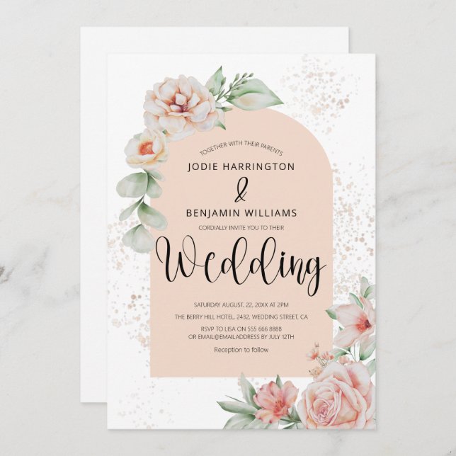 Convite Elegante Archado | Primavera Peach Floral Wedding (Frente/Verso)