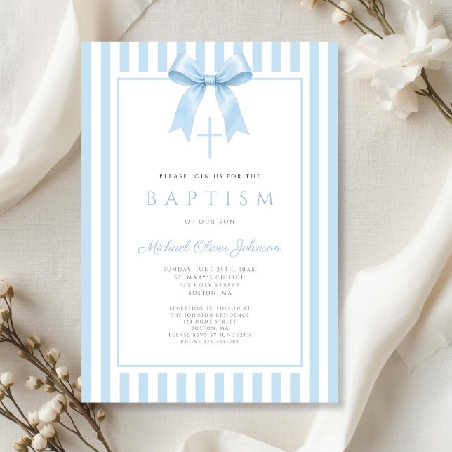 Convite Elegante Arco Azul Bebê Menino Batismo (Elegant Baby Blue Bow Boy Baptism Invitation)