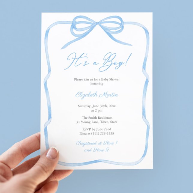 Convite Elegante Arco Azul Claro É Uma Festa Chá de fralda (It's A Boy! Classic blue and white baby shower party invitation featuring a watercolor ribbon bow)