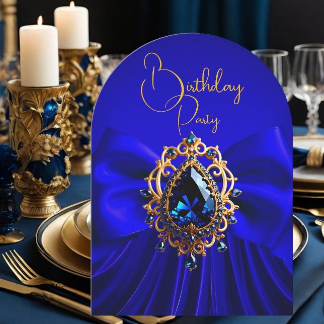 Convite Elegante Arco Azul Real com Joia Dourada de Aniver (Criador carregado)