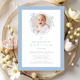 Convite Elegante Arco Bebê Azul Foto Batismo