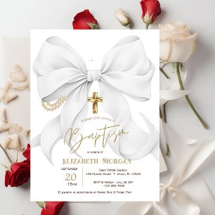Convite Elegante Arco Branco Pérolas Cruz Pontos Batismo