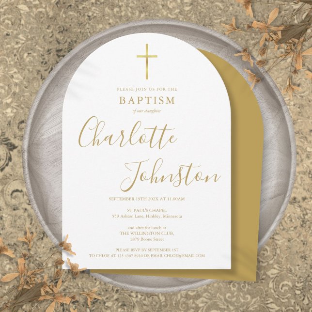 Convite Elegante Arco de Assinatura Dourada Batismo Batiza (Elegant Golden Signature Arch Baptism Christening Invitation)