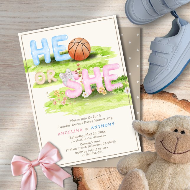 Convite Elegante Arco De Basquete De Aquarela Ele Ou Ela (Elegant Watercolor Basketball Bow He or She Invitation)