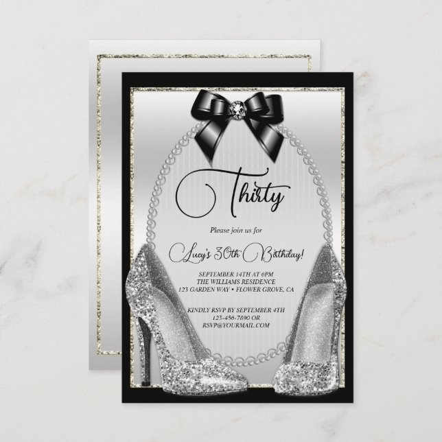 Convite Elegante, Arco de Gem Silver e Stilettos Aniversár (Frente/Verso)