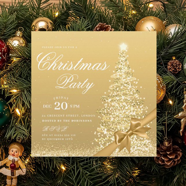 Convite Elegante Arco de Natal de Árvore de Natal a Ouro (Elegant Gold Winter Christmas Tree Bow Invitation)