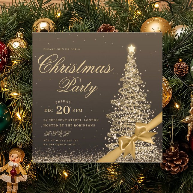 Convite Elegante Arco de Natal de Árvore de Natal Dourada  (Elegant Gold Winter Christmas Tree Bow Party Invitation)
