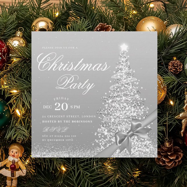 Convite Elegante Arco de Natal de Árvore de Natal Prateado (Elegant Silver Winter Christmas Tree Bow Invitation)