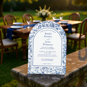 Convite Elegante Arco de Noiva Floral Toile Azul Poeirento
