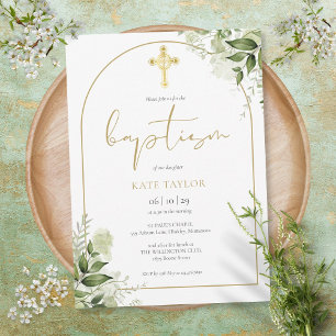 Convite Elegante Arco de Ouro Folhagem Floral Batismo