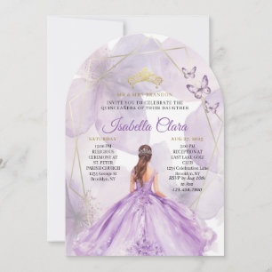 Convite Elegante Arco Dourado Floral de Lavanda para Quinc