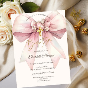 Convite Elegante Arco Floral Cruz Dourada Batismo