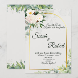 Convite Elegante Arco Floral Dourado de Casamento Salve a