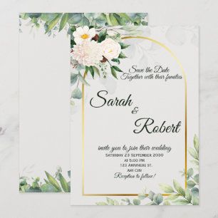 Convite Elegante Arco Floral Dourado de Casamento Salve a