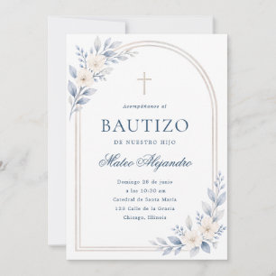 Convite Elegante Arco Floral em Azul Poeirento para Bautiz