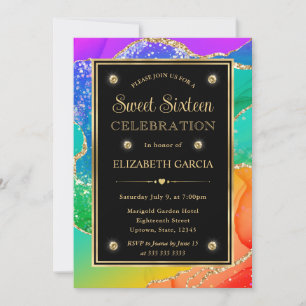 Convite Elegante Arco-íris Brilho Ágata e Ouro Sweet 16