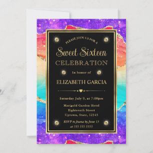 Convite Elegante Arco-Íris Brilho Ágata e Ouro Sweet 16