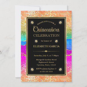 Convite Elegante Arco-íris Brilho Ágata & Ouro Quinceanera