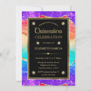 Convite Elegante Arco-íris Brilho Ágata & Ouro Quinceanera