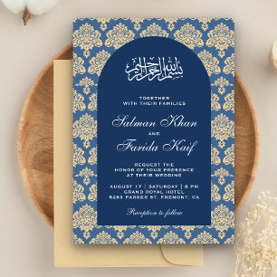 Convite Elegante Arco Islâmico de Casamento em Azul Damasc